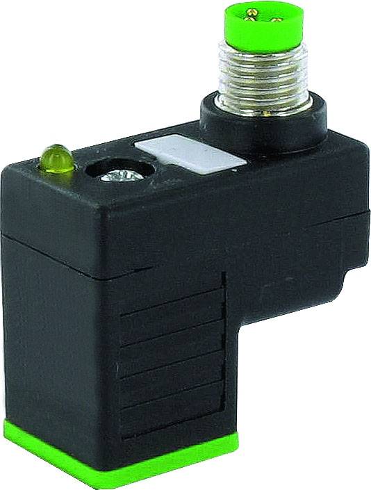 Ein schwarzer elektrischer Stecker mit grünem Anschluss und grüner LED, möglicherweise ein Sensorteil oder ein Verbindungskomponent.