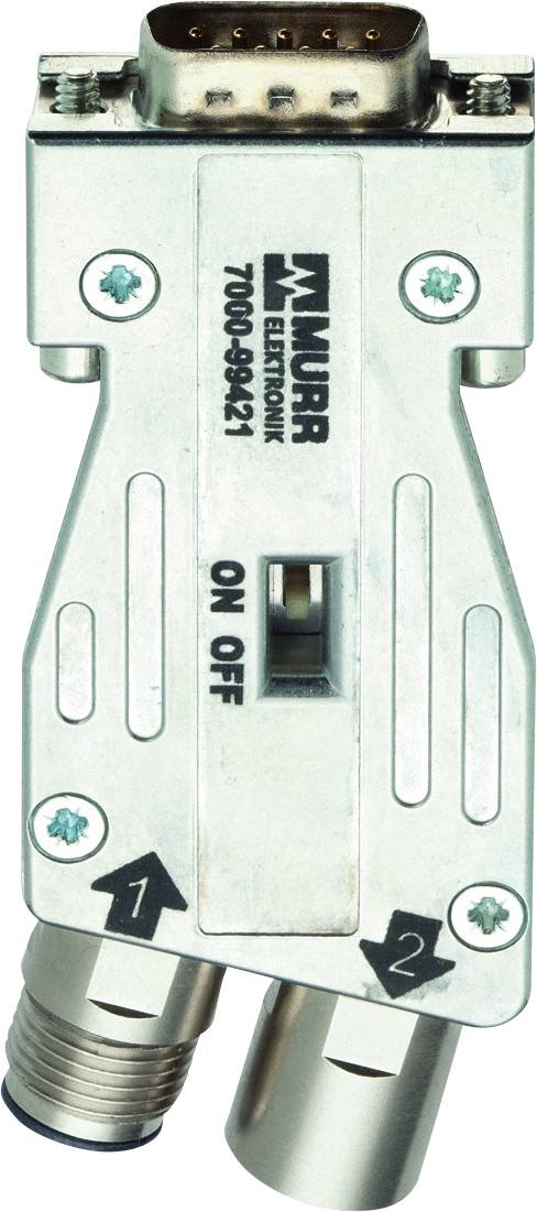 Abgebildet ist ein elektronischer Adapter von Murr Elektronik mit einem Schalter 'ON OFF' und zwei nummerierten Anschlüssen.