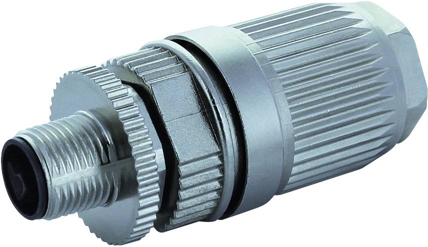 Ein metallischer, gerippter Steckverbinder mit Schraubgewinde, geeignet für industrielle Anwendungen und robuste Verbindungen.