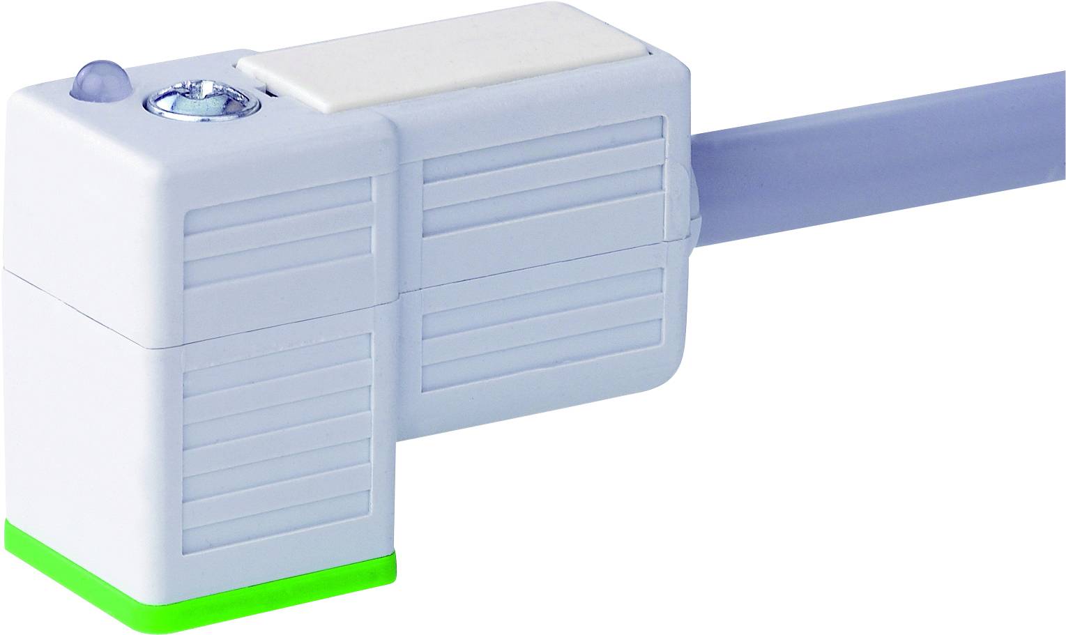 Ein weißer, rechteckiger Sensor mit einem Kabelanschluss befindet sich auf der rechten Seite. Er hat eine grüne LED-Anzeige unten.