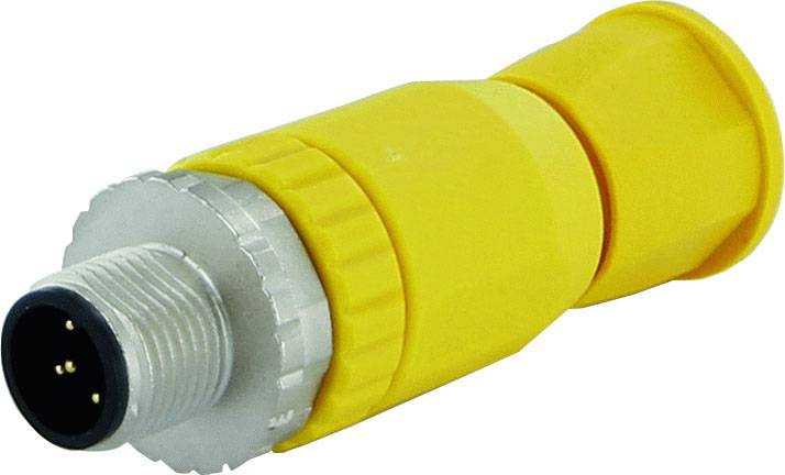 Gelber M12-Steckverbinder mit vier Stiften, metallischem Anschluss und geriffelter Struktur zur Sicherung in industriellen Anwendungen.