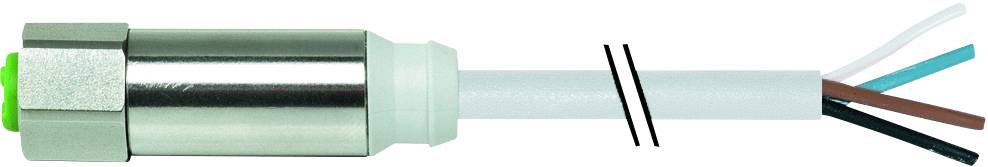 Sensor mit Metallgehäuse und abisoliertem Kabel; fünf unterschiedlich farbige Leitungen ragen heraus.