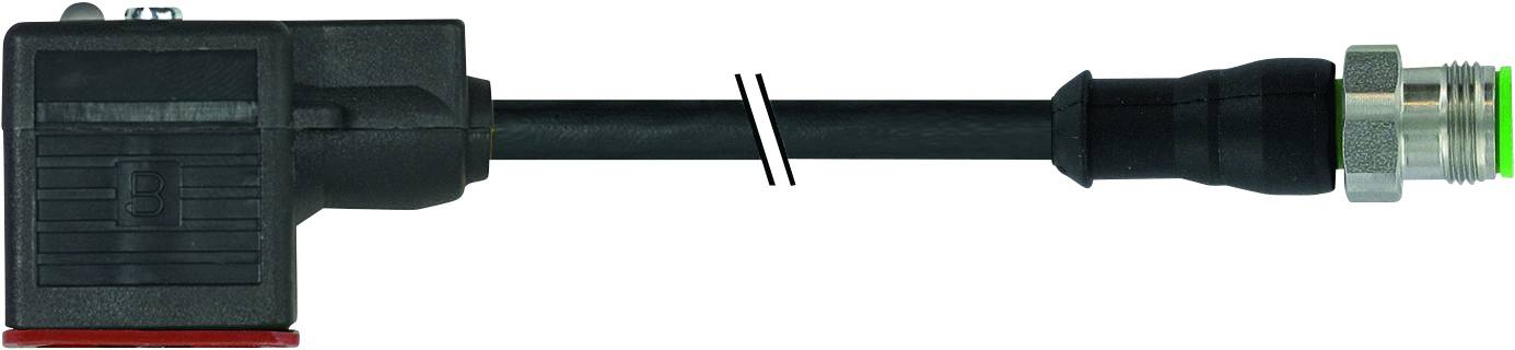 Ein schwarzer Winkelstecker mit Kabel, verbunden mit einem runden, metallischen Stecker.