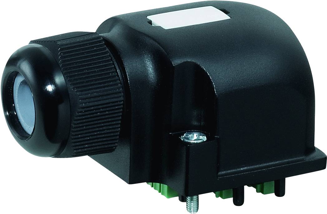 Schwarzer optischer Sensor mit Linse, rechteckigem Gehäuse und Befestigungsschrauben. Dient zur Detektion von Bewegungen oder Objekten.