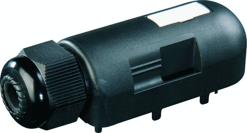 Schwarze Kunststoffkappe mit gerändeltem Schraubverschluss, abgerundetem Ende und rechteckigem Ausschnitt auf der Seite.