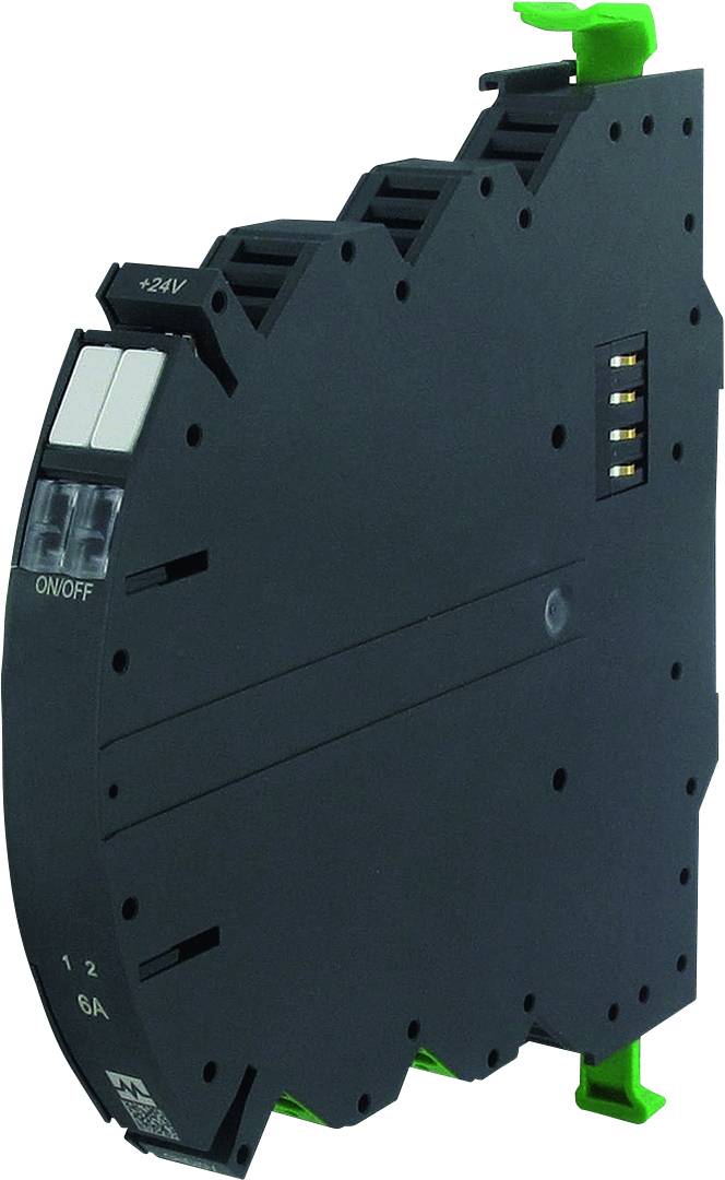 Ein elektronisches Relaismodul mit schmalem, schwarzem Gehäuse. Es hat seitlich zwei weiße Tasten, beschriftet mit 'ON/OFF', und Anschlüsse oben.