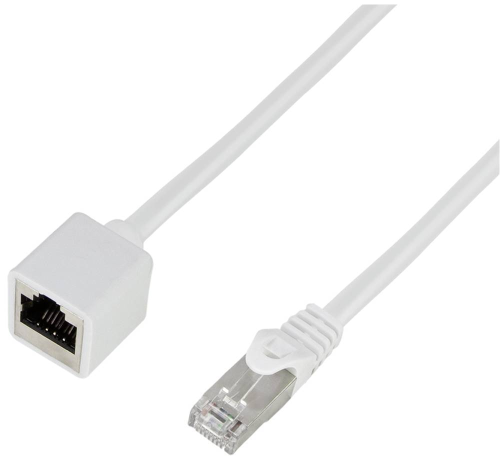 Ein weißer Ethernet-Kabeladapter mit Buchse und Stecker. Der Adapter verbindet Netzwerkkabel oder Geräte zur Datenübertragung.