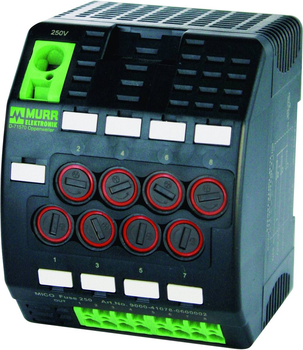 Ein schwarzes elektronisches Schaltgerät mit mehreren roten und grünen Anschlüssen, Markenlogo 'MURR' oben links, 250V-Aufschrift.