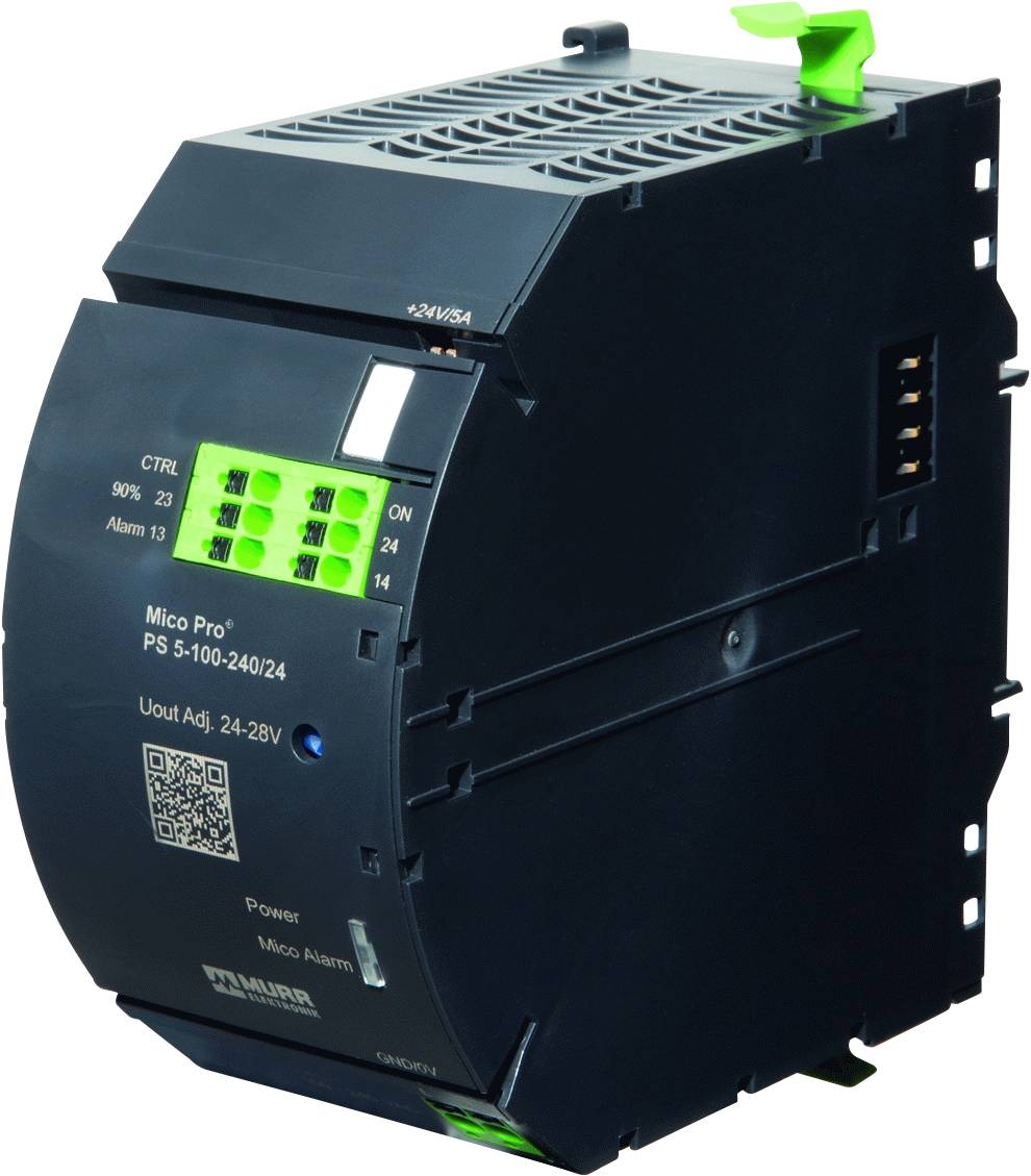 Ein schwarzes elektronisches Gerät mit grünem Display, grünen und orangenen Indikatoren und grüner Sicherung oben. Text 'Mico Pro'.