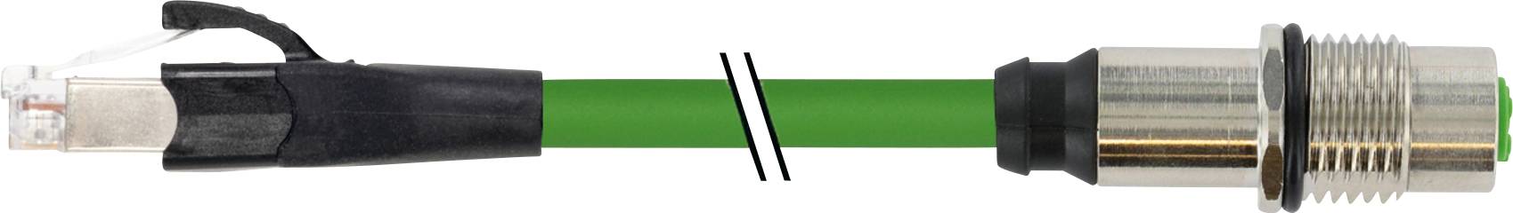 'Hybrid Ethernet/IP-Kabel': Linker RJ45-Stecker, rechter runder Anschluss; grüne Ummantelung; für Industrieanwendungen geeignet.