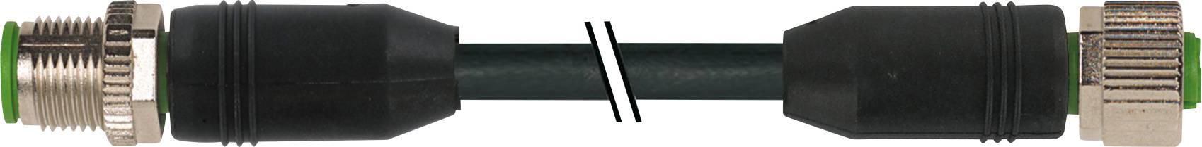 Ein schwarz-grüner Verkabelungsstecker mit grünem Dichtungsring und Metallverschraubungen an beiden Enden.