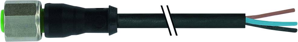 Schraubverbindung mit Kabel, das mit drei unterschiedlich farbigen Drähten endet: braun, blau und schwarz.