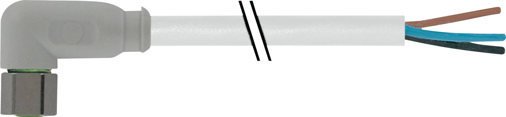 Ein grauer, rechtwinkliger Kabeladapter mit abgeschnittenem Ende zeigt drei freiliegende Drähte: braun, blau, schwarz.