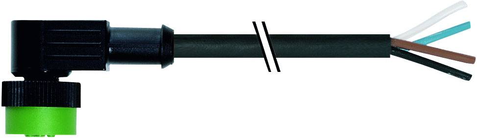 Ein schwarzes elektrisches Kabel mit grünem und schwarzem Stecker und vier farbigen Drähten: weiß, blau, braun und schwarz.