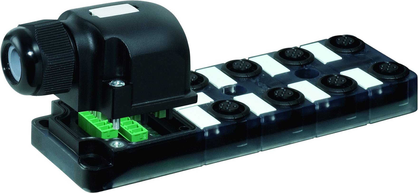 Ein schwarzer, elektrischer Steckverbinder mit mehreren Anschlüssen auf einer rechteckigen Basis. Geeignet für industrielle Anwendungen.