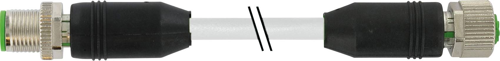 Ein Kabel mit zwei schwarzen Steckverbindungen an den Enden und einem transparenten Mittelteil, überstrichen von zwei schwarzen Linien.