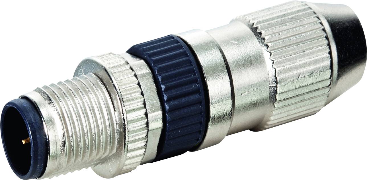 Ein Metallstecker für elektrische Verbindungen mit geriffeltem Griff und Schraubgewinde, geeignet zur Verbindung elektronischer Geräte.