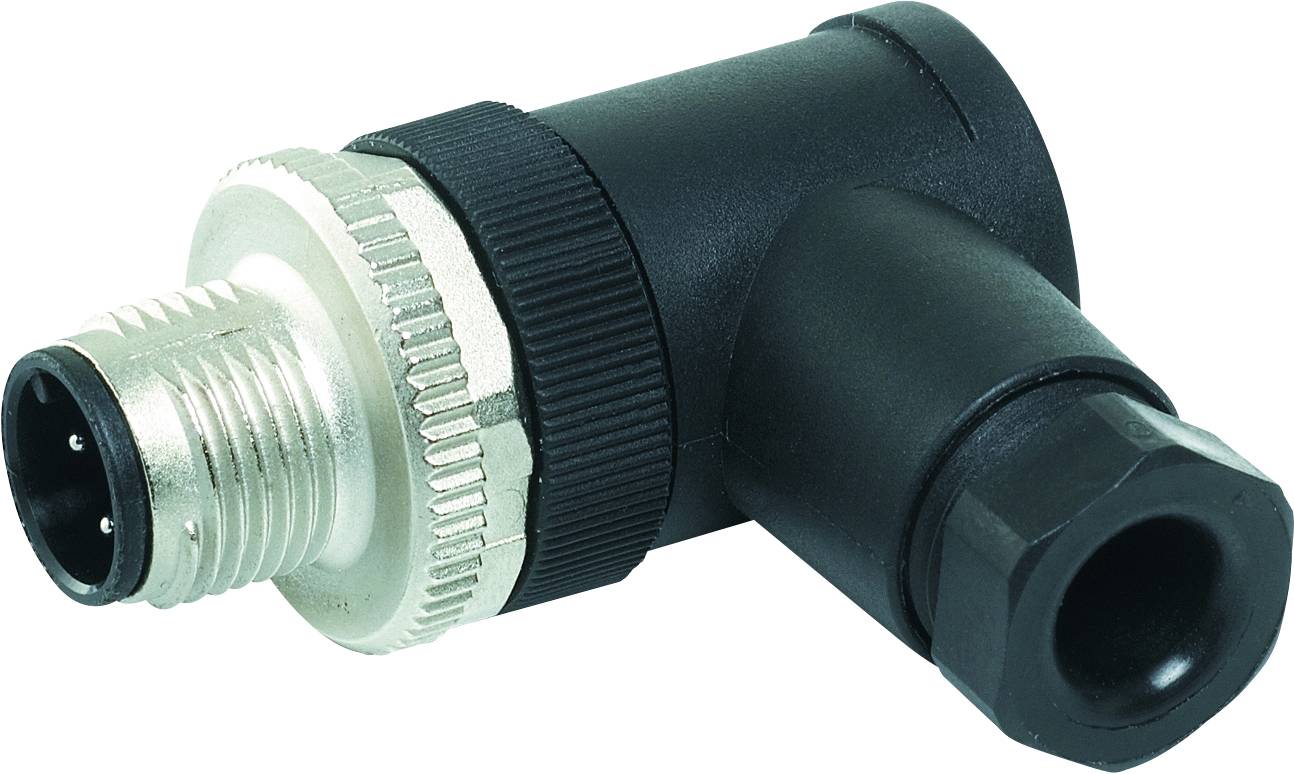 Schwarzer, abgewinkelter elektrischer M12-Stecker mit Metallverschluss und Kunststoffummantelung, geeignet für industrielle Anwendungen.