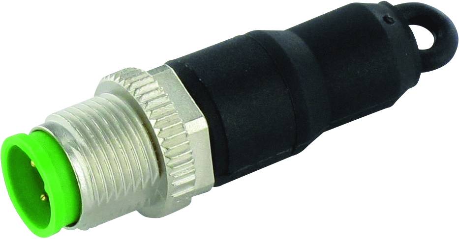 Steckverbinder mit einem schwarzen Gehäuse und grünem Anschlussende in einem Metallgewinde für elektronische Anwendungen.