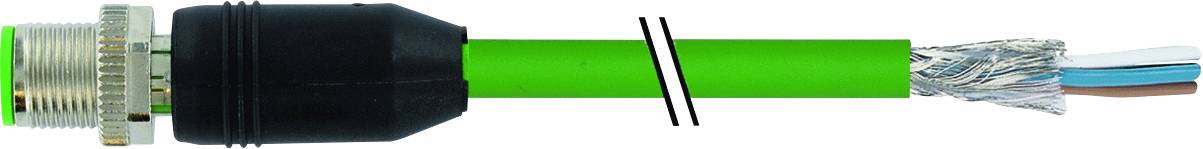 Grünes Industrielles Ethernet-Kabel mit freigelegten Adern und Abschirmung auf einer Seite. Geeignet für robuste Netzwerkverbindungen.
