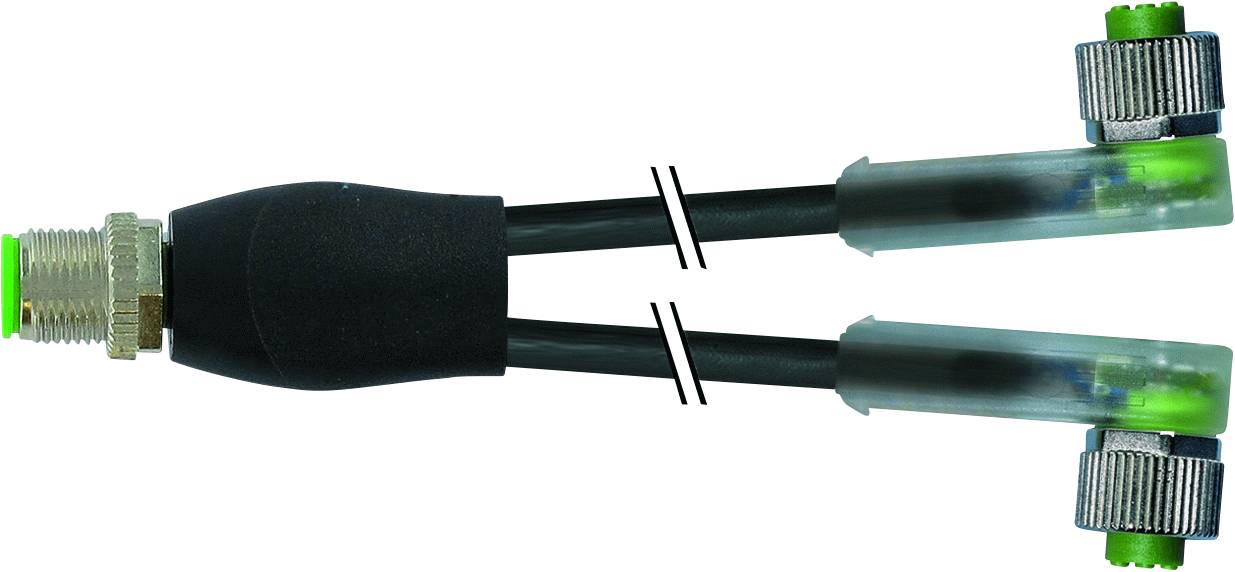 M12 Y-Verteiler mit zwei Abgriffen, schwarzer Adapter, grüne Verbindungshülsen an beiden Enden der Kabel.