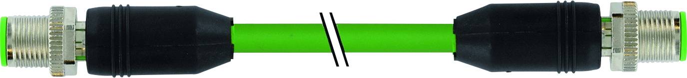 Ein grünes Kabel mit schwarzen Steckverbindungen an beiden Enden, getrennt durch eine diagonale Linie in der Mitte.