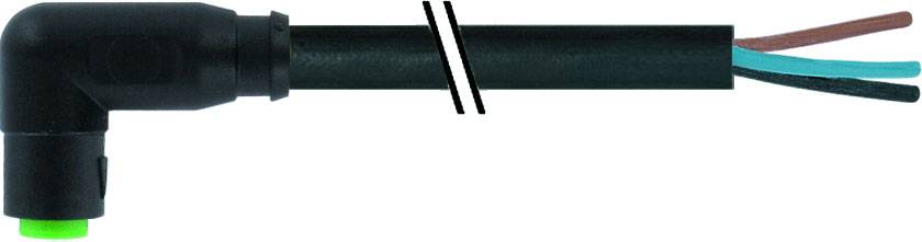 Ein schwarzer Winkelstecker mit drei herausragenden Drähten: braun, blau und grün mit gelber Linie.