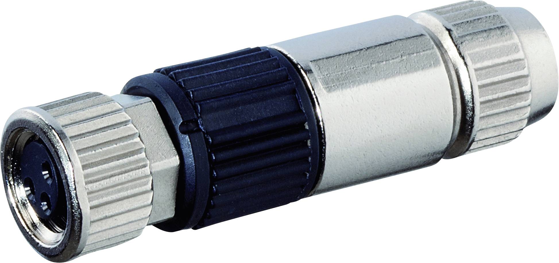 Ein silberner Metallstecker mit schwarzen und geriffelten Teilen, vermutlich für industrielle oder technische Anwendungen.