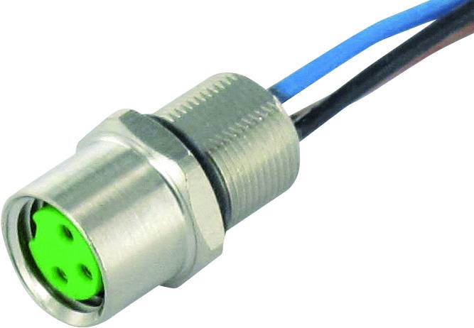 Metallstecker mit drei Pins, verbunden mit blauen und schwarzen Kabeln. Der Stecker hat ein grünes Innengehäuse.