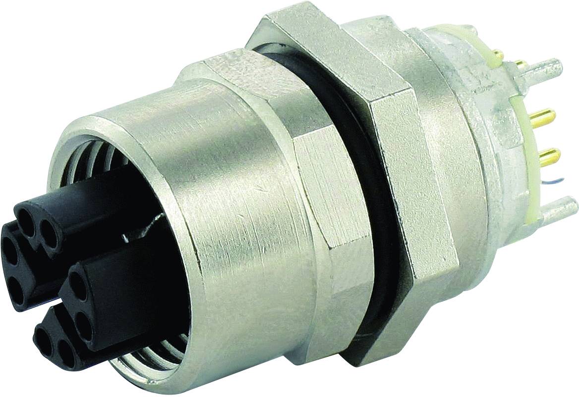 Ein zylindrischer, metallischer Steckverbinder mit sechs schwarzen Pins und einem Sechskantkopf. Verwendet in elektrischen Verbindungen.