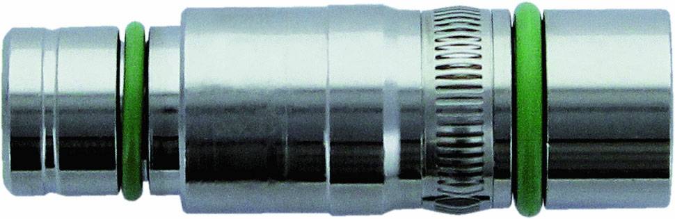 Silberner Metallanschluss, zylindrisch mit grünen Dichtungen. Verwendet für Rohrverbindungen in der Sanitärinstallation.