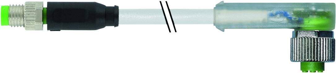 Ein grüner Kabelverbinder mit einem transparenten Schutzgehäuse, das Teile eines blauen und grünen Mechanismus zeigt, ist abgebildet.