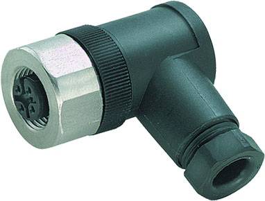 Ein schwarzer L-förmiger pneumatischer Stecker mit einem metallischen Anschluss, möglicherweise für industrielle Anwendungen.