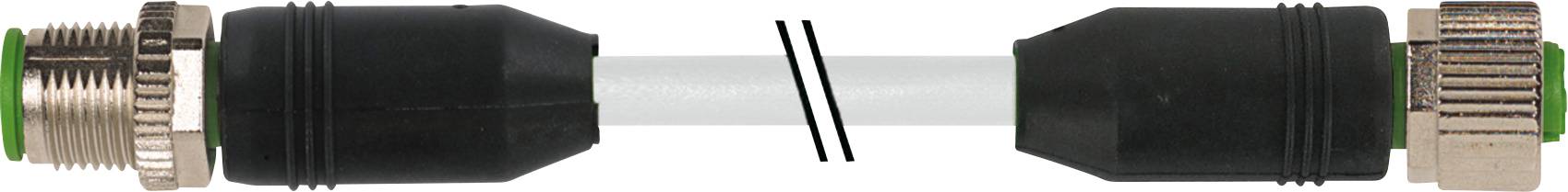 Ein Kabel mit zwei Steckverbindern an den Enden. Der linke Anschluss ist kupferfarben mit einem grünen Ring, der rechte ist ebenfalls kupferfarben.