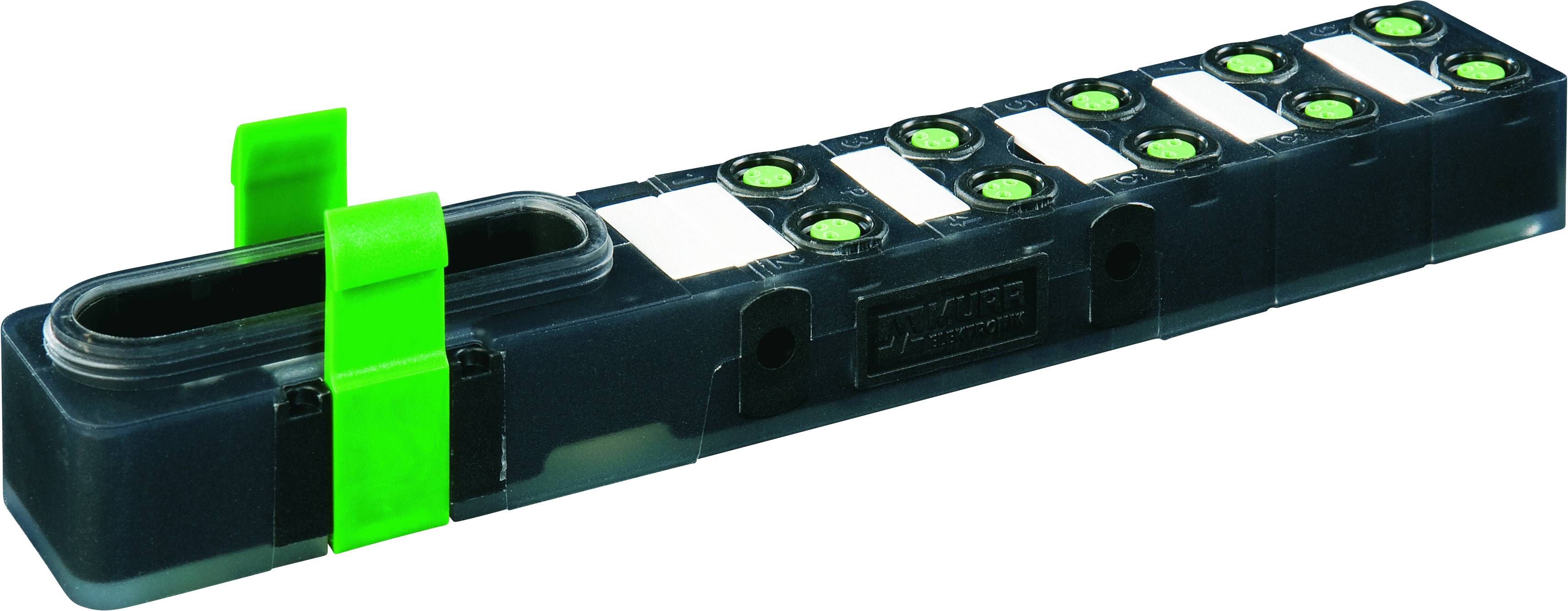 Ein langer, schwarzer Kunststoffhalter mit mehreren grünen und weißen Druckknöpfen, die in einer Reihe angeordnet sind.