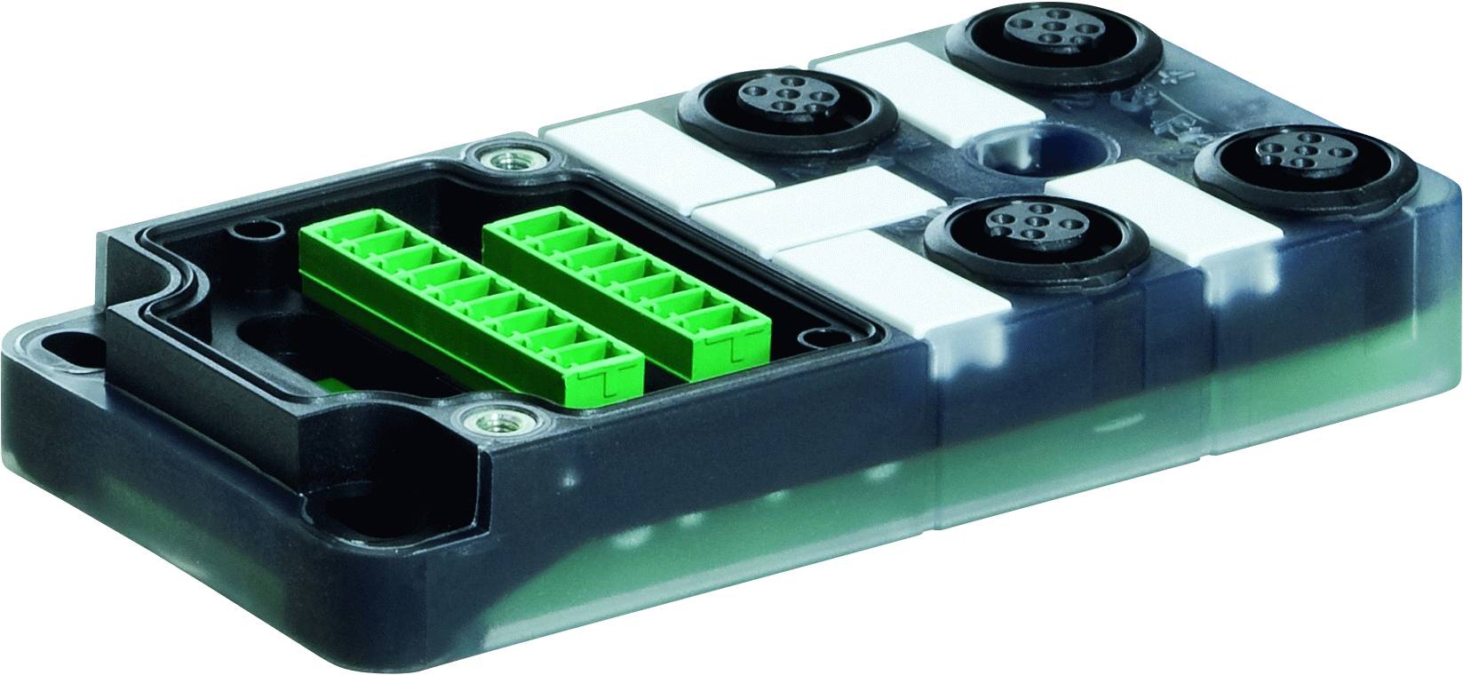 Ein elektronisches Modul mit mehreren grünen Steckplätzen und schwarzen Rundsteckern, das für industrielle Anwendungen genutzt wird.