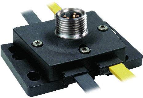 Industrieller Steckverbinder in einer quadratischen Halterung mit gelben und schwarzen Kabeln. Hauptsächlich für elektrische Verbindungen.