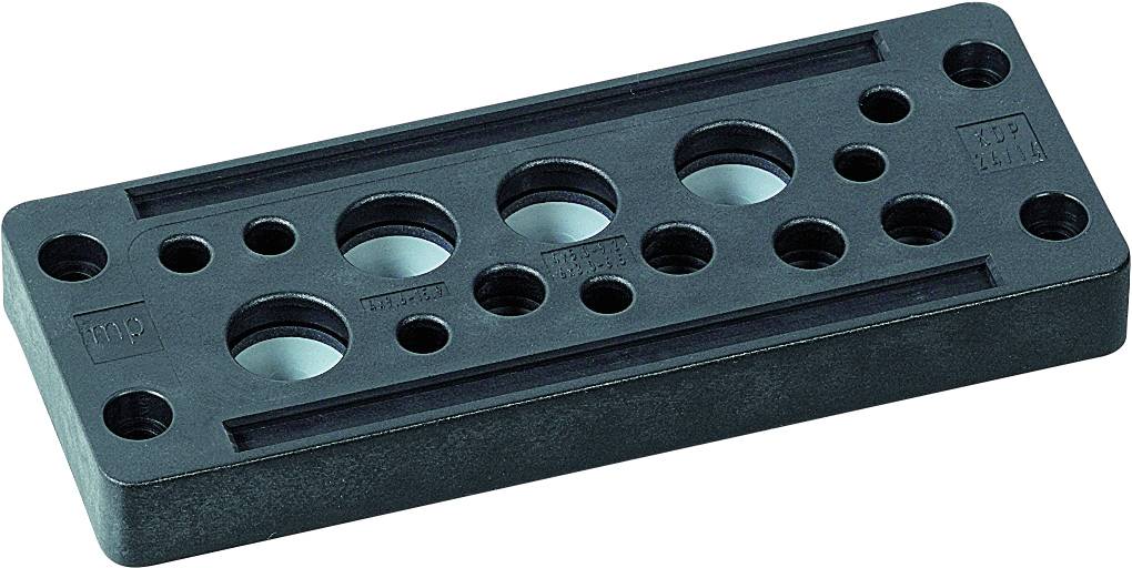 Rechteckige schwarze Metallplatte mit mehreren runden Öffnungen verschiedener Größen, vermutlich als Befestigungselement verwendet.