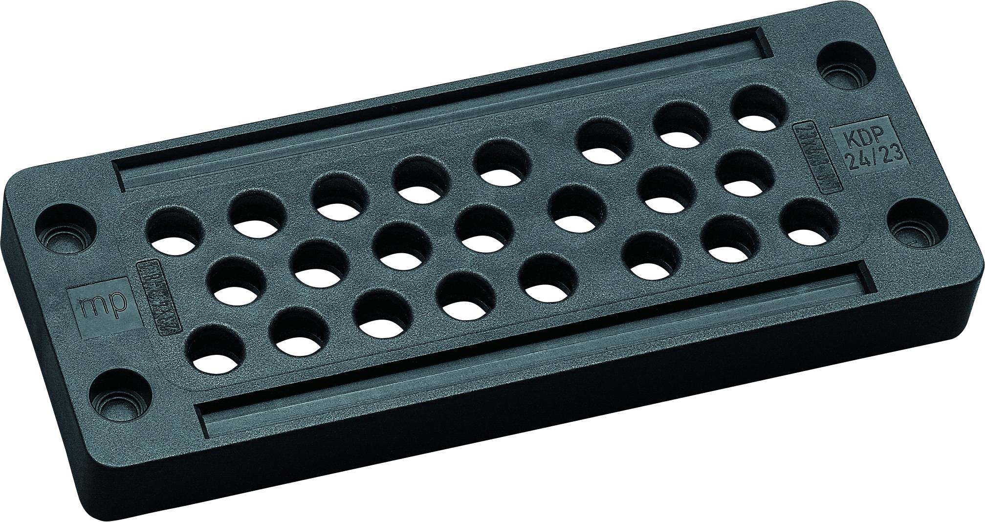 Dunkelgraue Kunststoffplatte mit mehreren runden Löchern in gleichmäßigen Reihen, vermutlich ein technisches Bauteil.