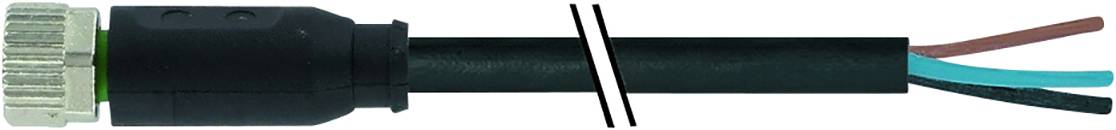Ein schwarzes Kabel mit einem Anschluss an einem Ende und drei freiliegenden Drähten (braun, blau, grün) am anderen Ende.