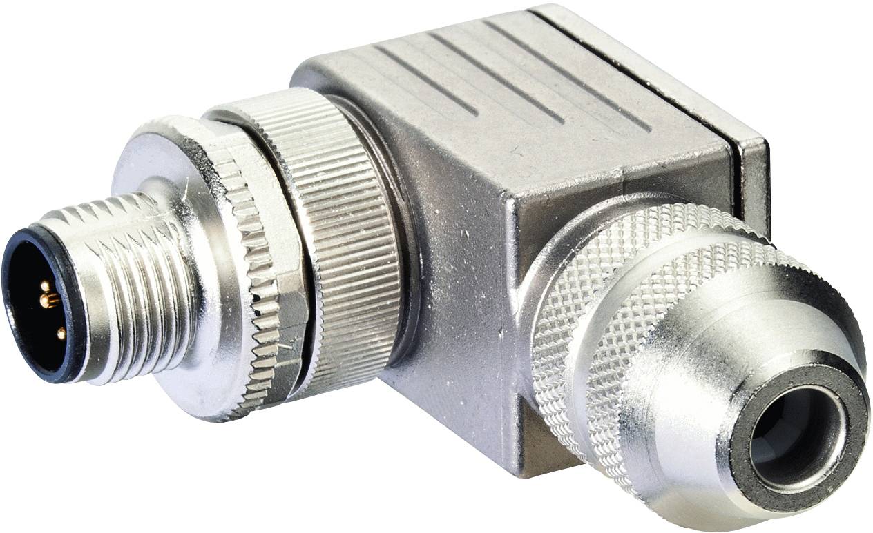 Metall-M12-Stecker mit rechtwinkligem Gehäuse, zwei Verbindungsstücken und gerändelten Griffen für bessere Handhabung.