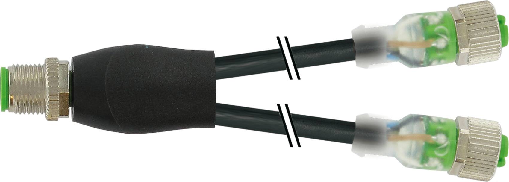 Y-Verbinderkabel mit einem M12-Stecker auf zwei M12-Buchsen, schwarz, geeignet für industrielle Anwendungen.