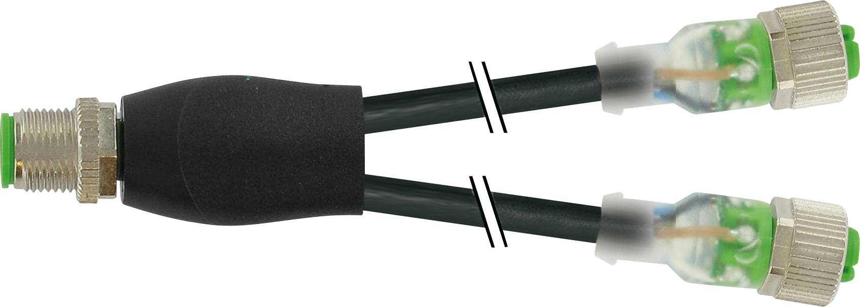 Sensor-Adapterkabel mit M12-Anschluss, aufgeteilt in zwei parallel verlaufende Kabel mit jeweils einem Stecker am Ende.