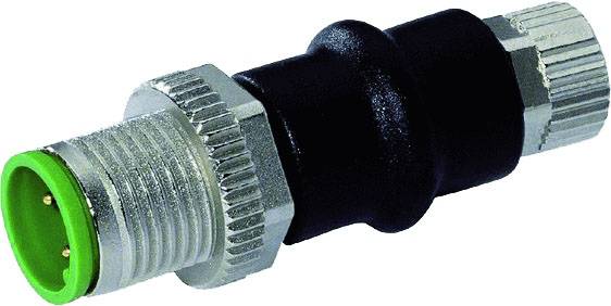 Ein schwarzer und silberner Steckeradapter mit grünem Anschluss, der häufig in der Elektronik zur Verbindung von Kabeln verwendet wird.