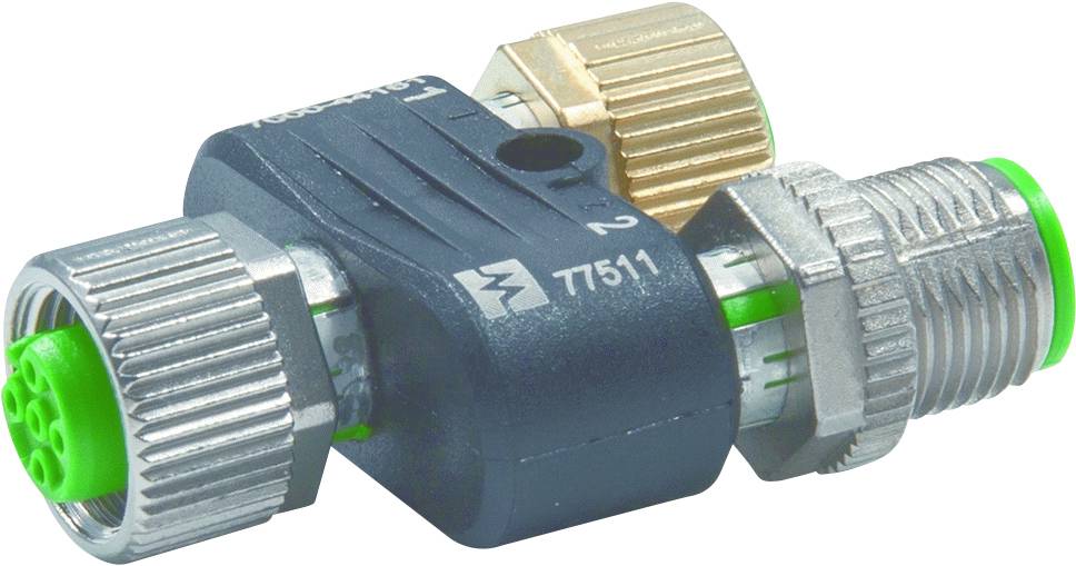 'Siebantrieb' Steckverbindung mit zwei Metallverschraubungen, eine in Silber und eine in Gold.