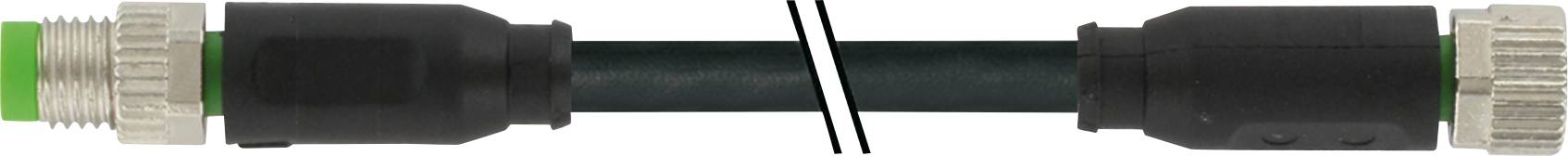 Ein schwarzes, robustes Kabel mit grünen und silbernen Steckern an beiden Enden zur Verbindung elektronischer Geräte.