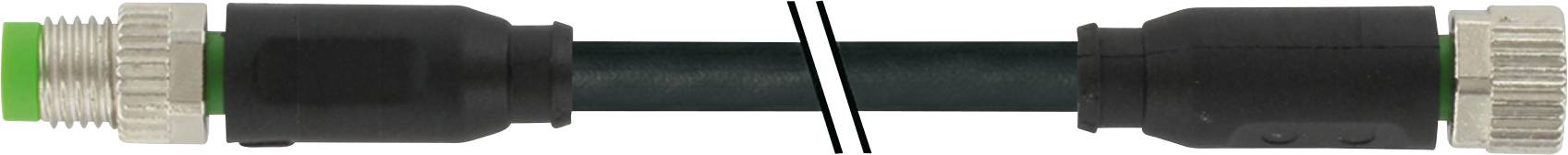 Ein schwarzes Kabel mit zwei Steckverbindern an den Enden, einer grün und einer metallisch, durch ein schwarzes Band mittig getrennt.