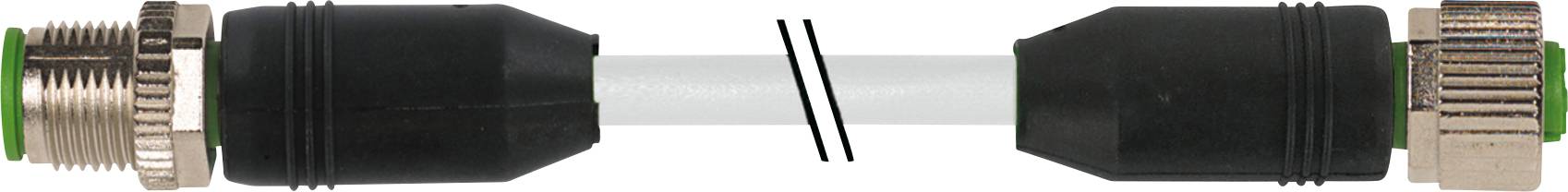 Schwarzer Steckverbinder mit zwei Endstücken aus Metall, verbunden durch ein kurzes, weißes Kabelstück.