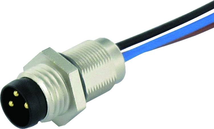 Metallischer Steckverbinder mit drei Pins und befestigten schwarzen, blauen und roten Kabeln.