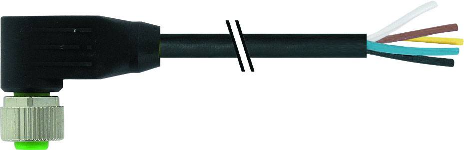 Ein schwarzes Kabel mit einem rechtwinkligen Anschluss und fünf blanken Drähten am Ende. Der Anschluss hat eine grüne LED-Anzeige.